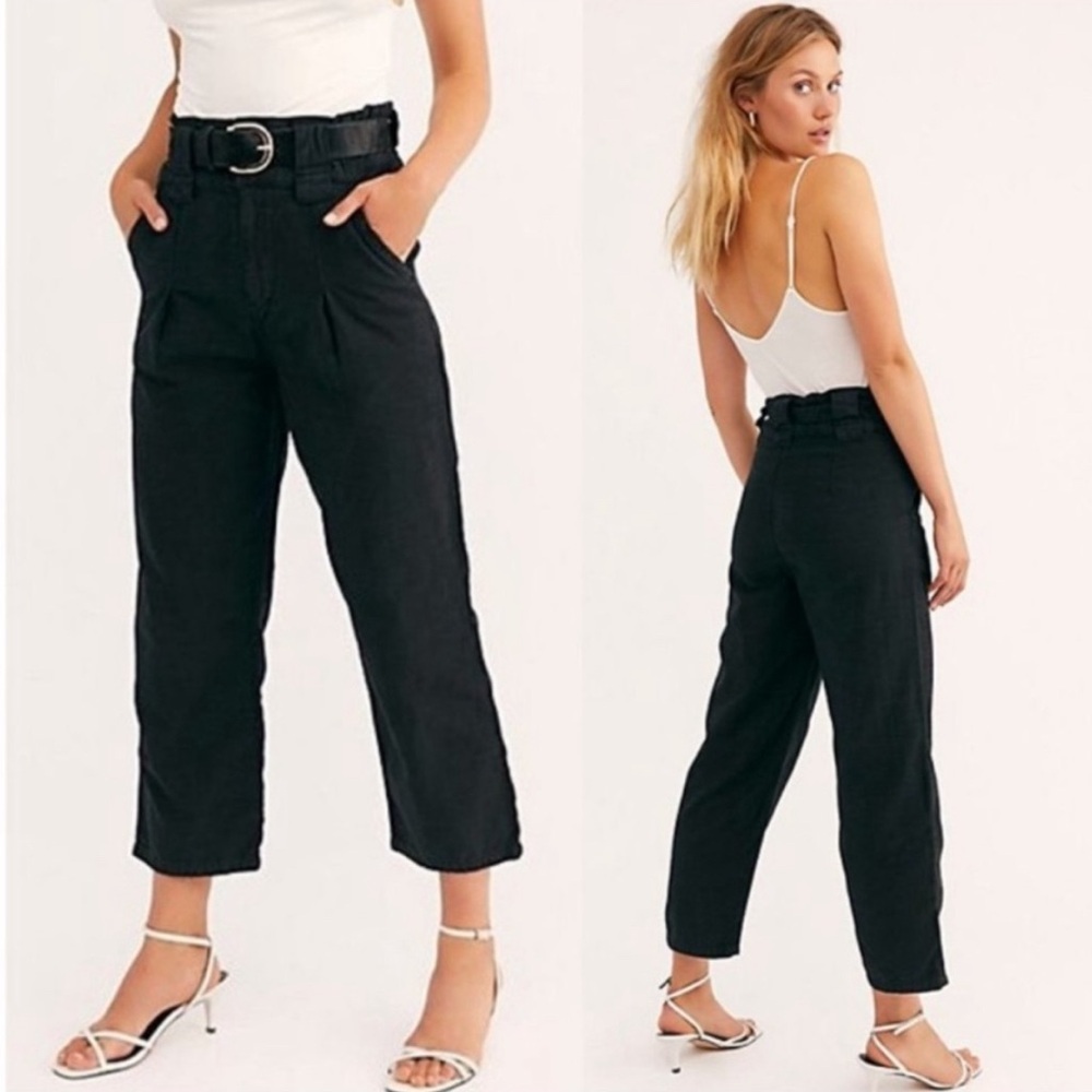 Free People One Way High Rise Pleated Cotton Black Ankle Crop Pants 2 XS Boho